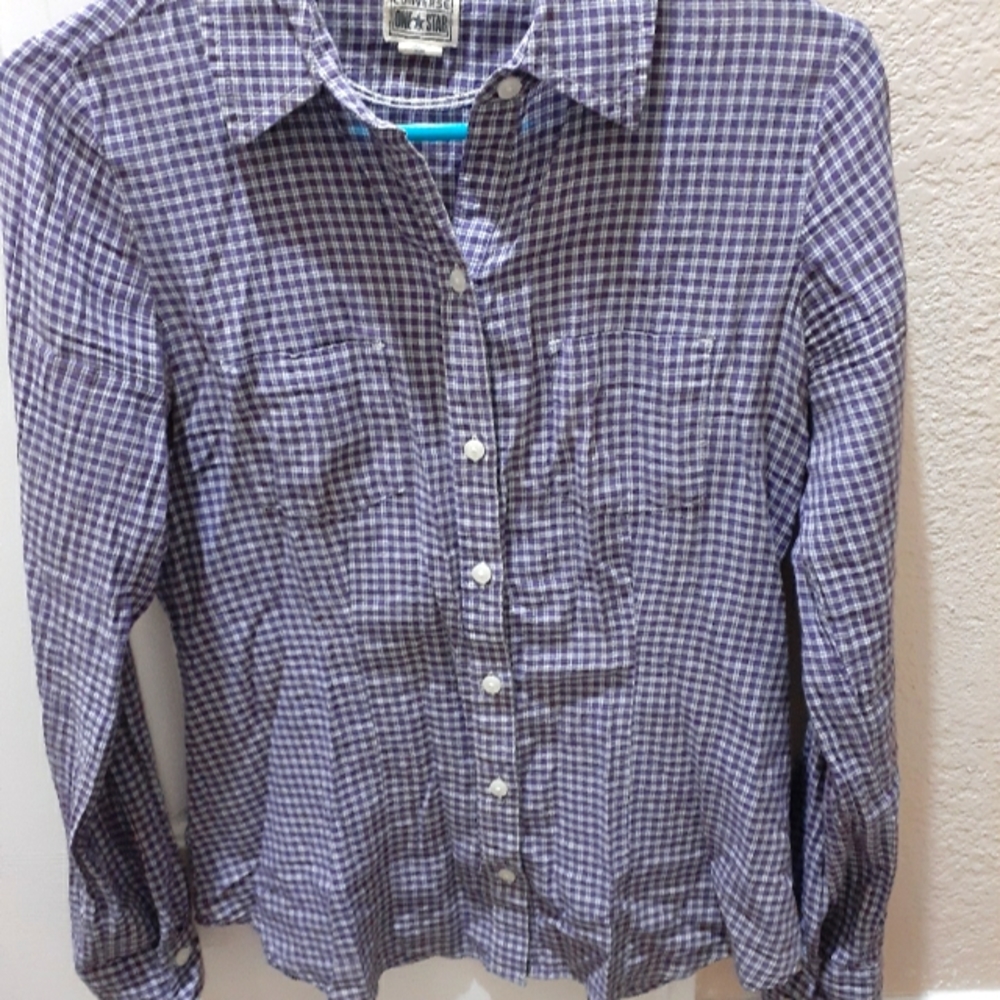 Converse button up plaid shirt thin size S purple and white